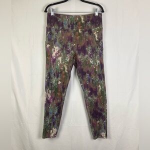 Tahari Sport Leggings Large Purple Green Print Activewear Athleisure Boho EUC